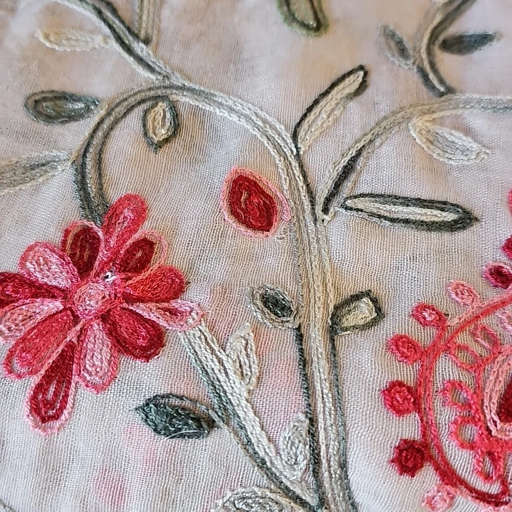 Floral Embroidered Scarf - Pink and Green. Size Is 27 X 74. Good‎ Used Condition